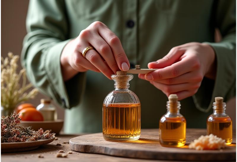 熟練の調香師が香料瓶と天然素材に囲まれて作業する様子